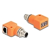 Delock M12 A-kódolt adapter 8 tűs apa - RJ45 anya Cat.5e beszerelő mélyedéssel, 90 -ban hajlított, narancssárga színű
