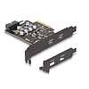 Delock PCI expressz x4 kártya - 2 x külső USB Type-C csatlakozó + 1 x belső USB 10 Gbps Type-E Key A and 1 x 19 pin USB pin header male - alacsony profilú formatényező