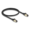 Delock RJ45 hálózati kábel Cat.6A apa - apa S/FTP fekete 50 cm - Cat.7 nyers kábellel, mely alkalmas bel- és kültéri használatra