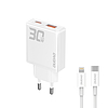 GaN Dudao A30EUL 30W USB-A / USB-C fali töltő + USB-C - Lightning kábel - fehér