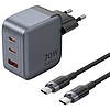 GaN Vention USB-C+C+A 70W töltő + USB-C-C kábel 1m szürke (TZ-FEXH0-EU)