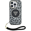 Guess HC IML Leopard háromszög alakú zsinóros MagSafe tok iPhone 16 Próhoz, fekete