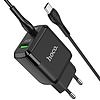 Hoco - Fali töltő favorit (N5) - USB-A, USB Type-C, QC 3.0, PD 20W, 3A, Type-C-C típusú kábellel, 1 m - Fekete (KF239314)