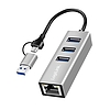 Logilink USB 3.2 Gen 1 hub, 3x USB-A, 1x RJ45, 2 az 1-ben csatlakozókábel, ezüst