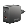 Loiglink Kettős USB-csatlakozós adapter, 1x USB-A, 1x USB-C, GaN, 45 W, fekete