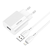 Vipfan E01 hálózati töltő, 1x USB, 2,4A + Lightning kábel, fehér (E01S-LT)